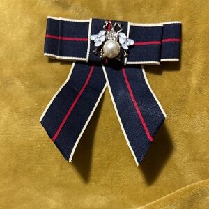 Navy and Red Striped Bow Brooch